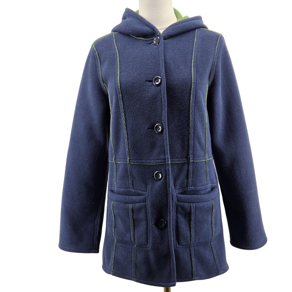 Susan Graver Coat Womens XXS Blue Fleece Mid-Length Hooded Lined Pockets Button